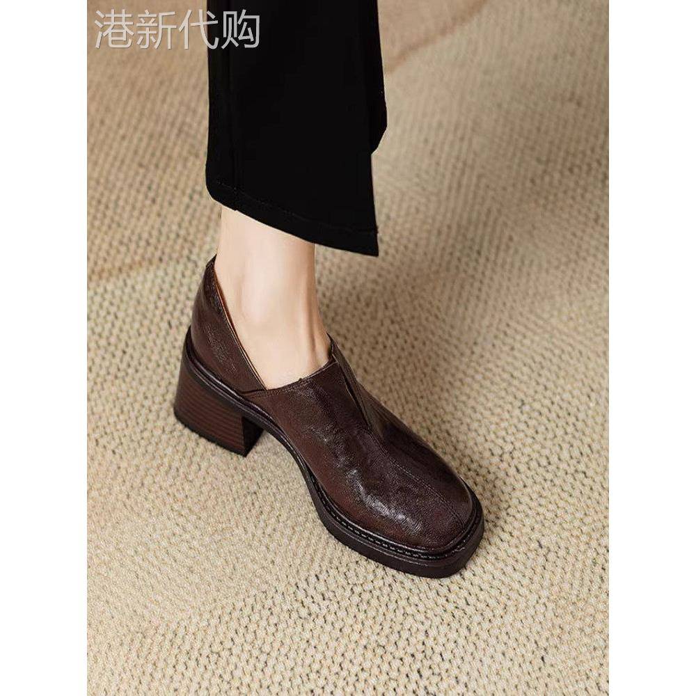 深口方头单鞋女2025春秋新款真皮时尚百搭法式覆古厚底羊皮高跟鞋