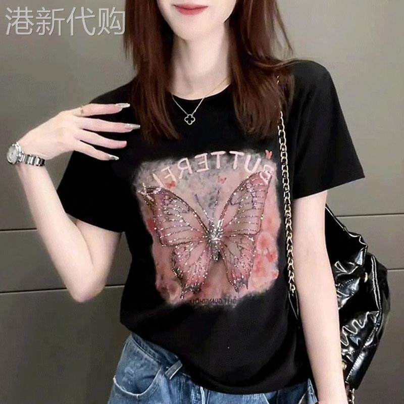 正肩短袖t恤女夏季百搭2025新款宽松显瘦时尚烫钻印花休闲 上衣潮