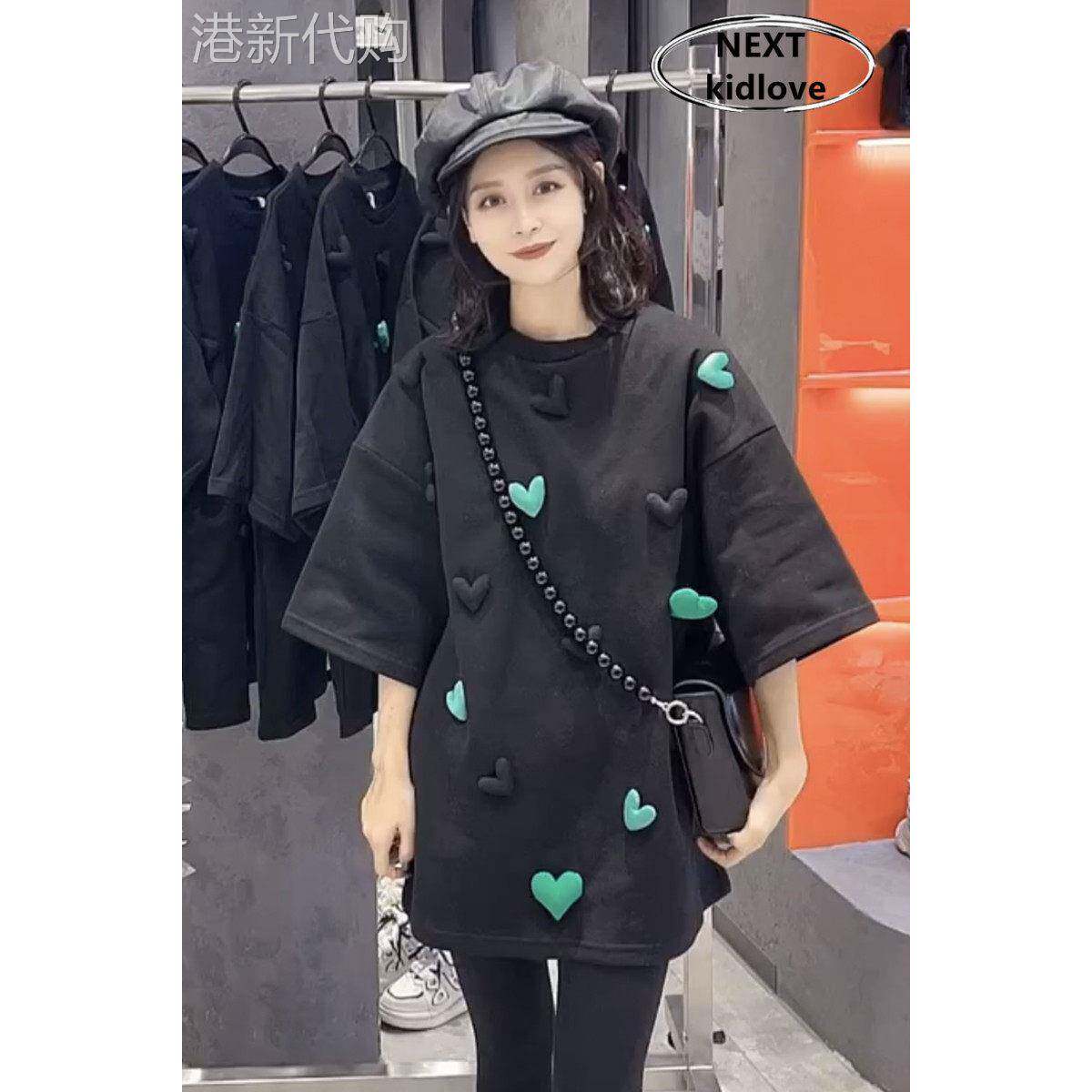 香港欧洲站立体爱心五分袖t恤女春夏新款中长款短袖黑色上衣百搭