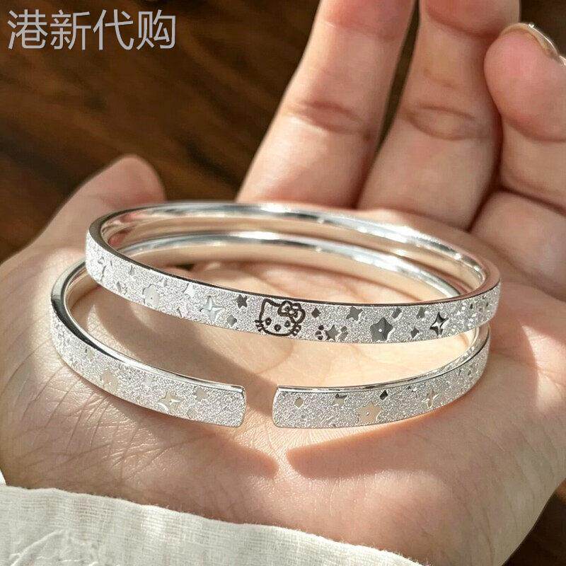 足银999KT猫咪钉砂开口手镯满天星实心卡通少女生日礼物送女友礼