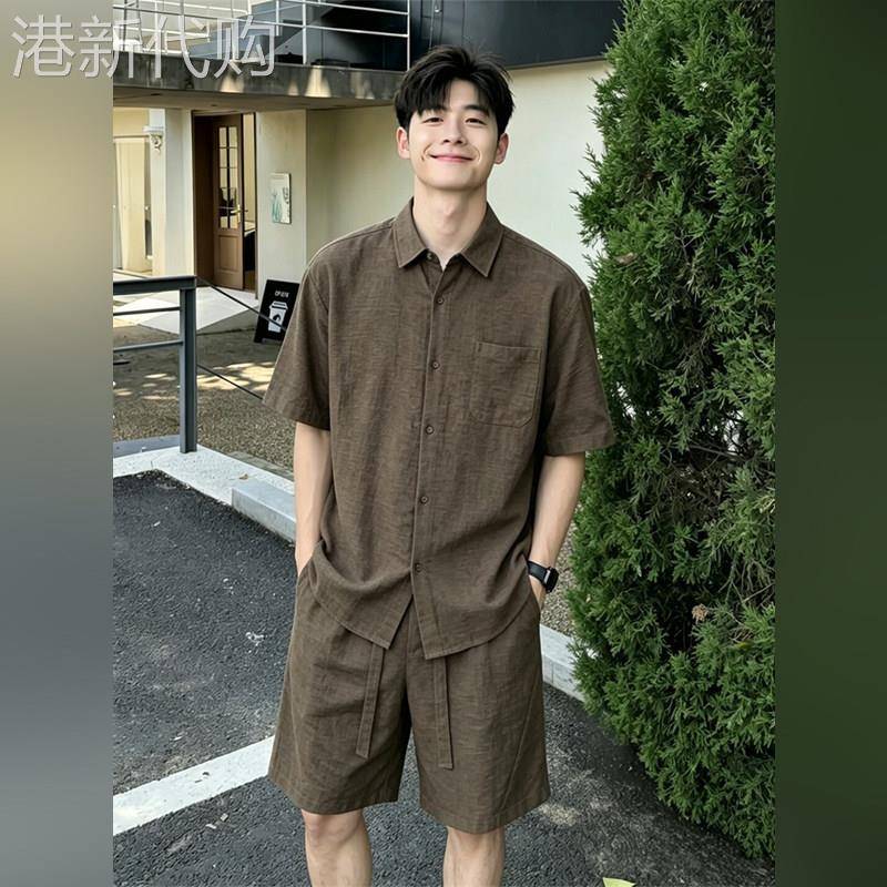 高端老钱风莱赛尔亚麻套装男夏季松弛慵懒透气短袖衬衫短裤两件套