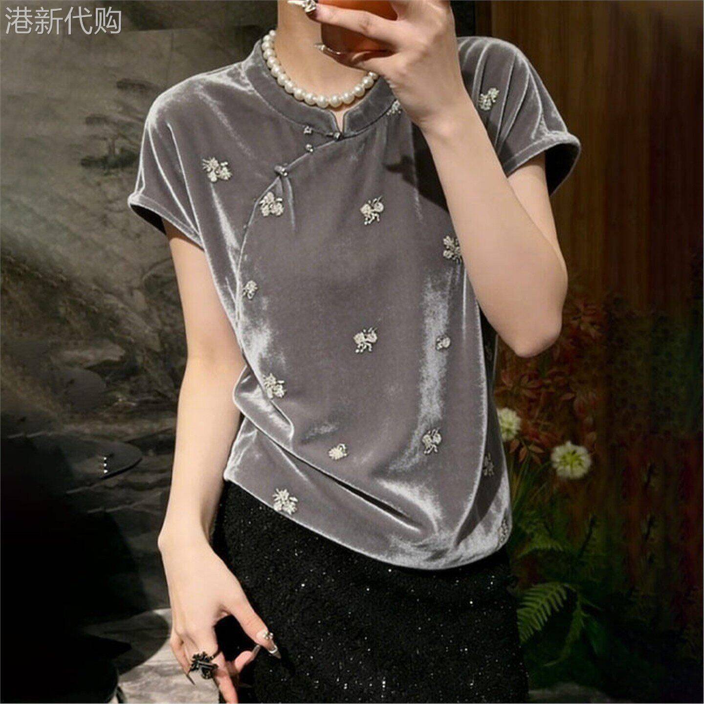 潮牌高端金丝绒花卉短袖女夏季新款欧货时尚高级感百搭上衣T恤