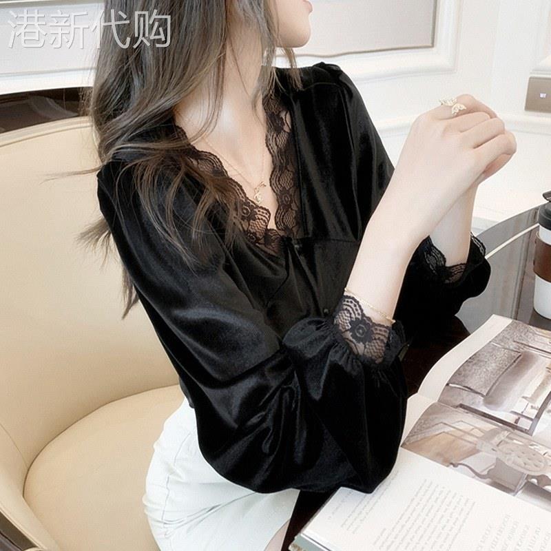 金丝绒打底衫女士2025春秋新款复古洋派V领上衣蕾丝拼接长袖衬衫