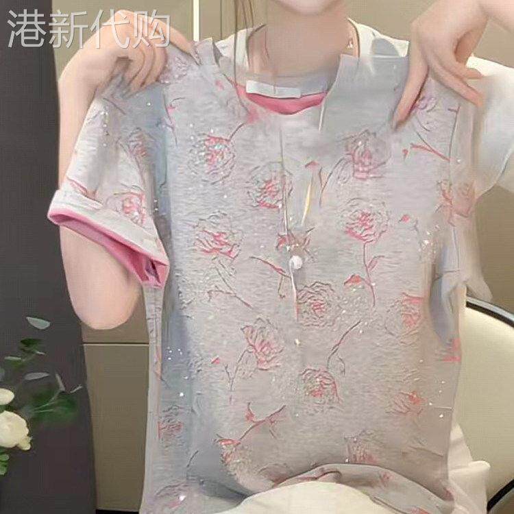韩国2026年设计感小众圆领短袖重工玫瑰花T恤女宽松时尚显瘦上衣