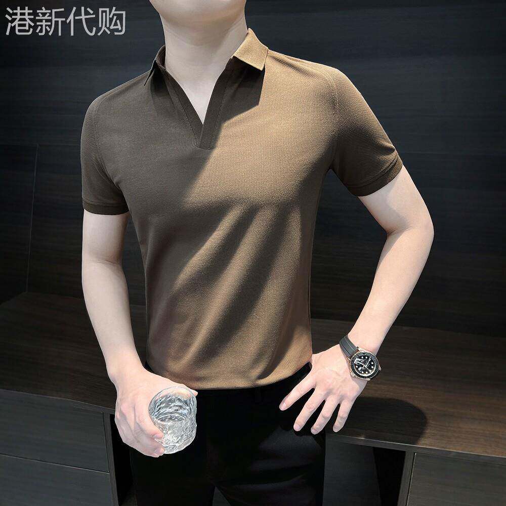 LL男装高级感POLO衫男短袖夏季薄款2026新款潮流休闲商务深V领T恤