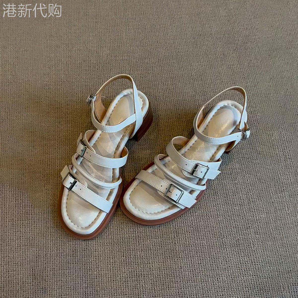 法式皮带扣圆头百搭露趾凉鞋女夏季软底不累脚真皮外穿粗跟罗马鞋