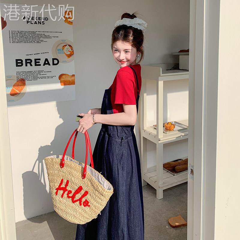 深蓝色薄牛仔抱婴袋洋装女装2026夏季穿搭俏皮减龄T恤裙子两件套