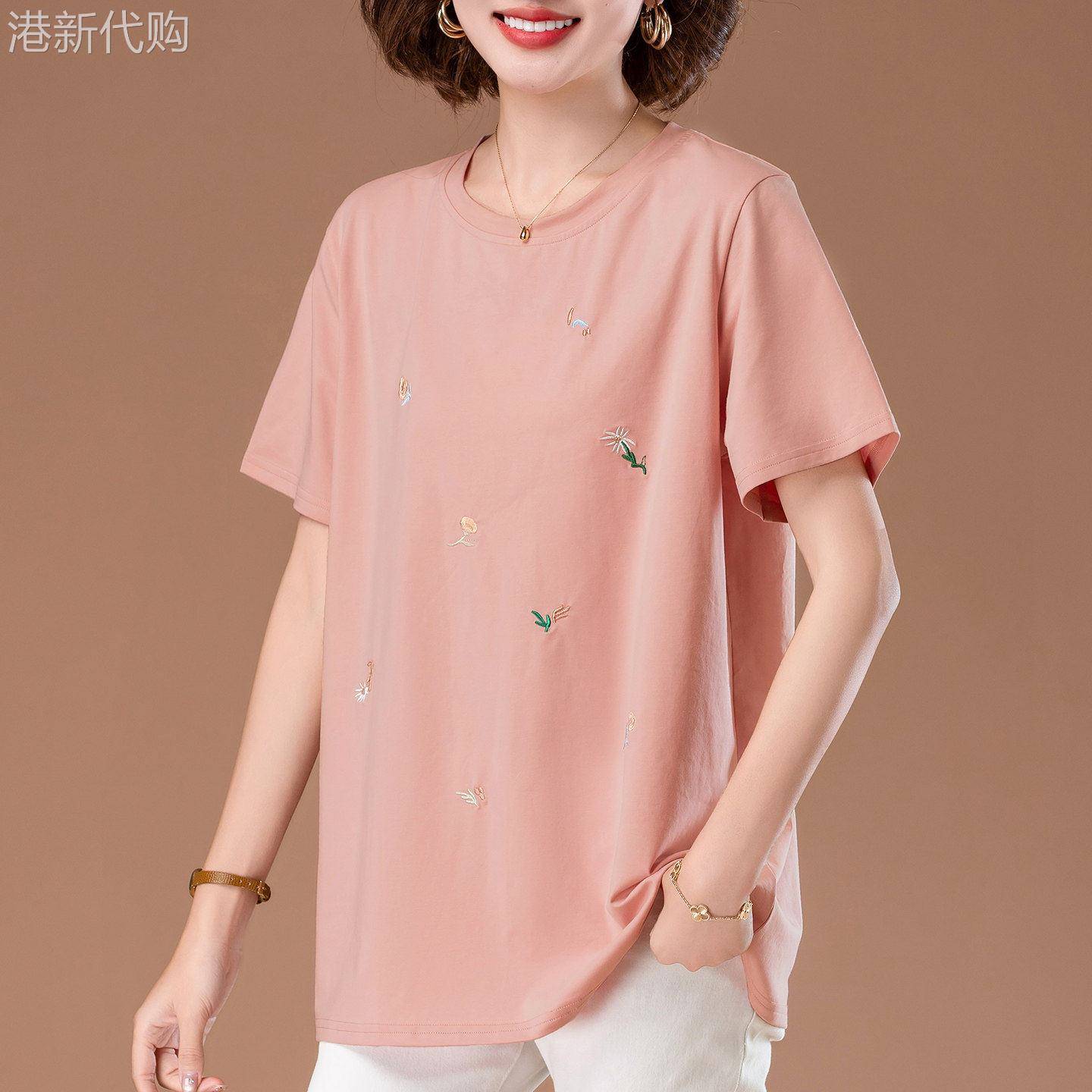 中年妈妈圆领纯棉短袖T恤女2026夏季薄款宽松大尺码显瘦刺绣上衣