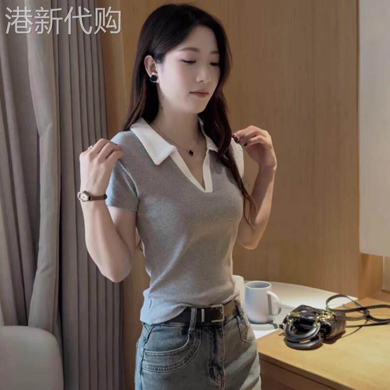 灰色V领短袖T恤女夏季薄款2026新款设计感polo领正肩半袖T恤上衣