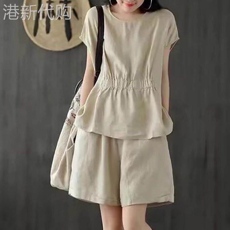 潮牌休闲短袖短裤棉麻套装女夏季大码遮肉显瘦中年妈妈亚麻两件套