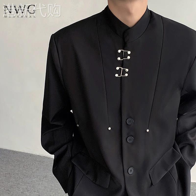 新中式国风垫肩西装外套男春秋季设计感小众立领西服痞帅休闲上衣