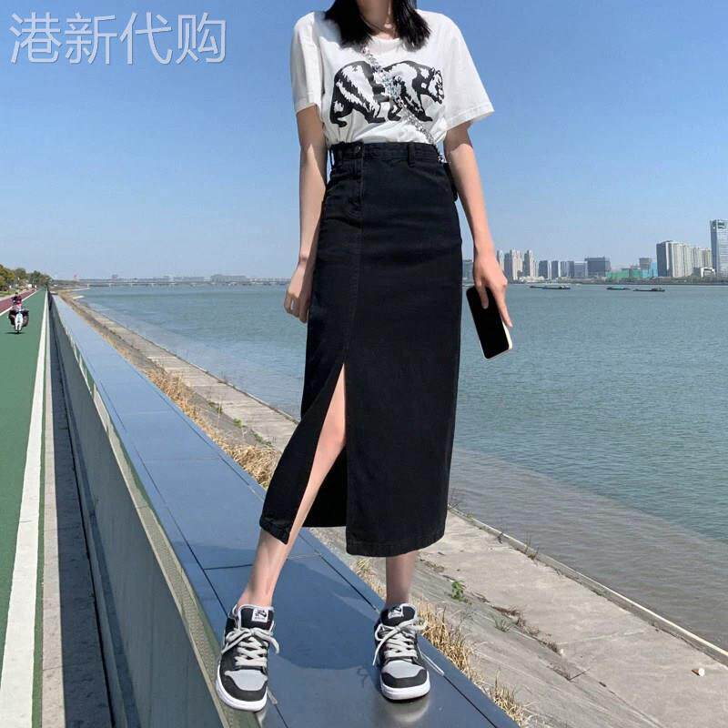 黑色高腰牛仔半身裙女夏季欧货爆款中长款不规则开叉包臀a字裙子