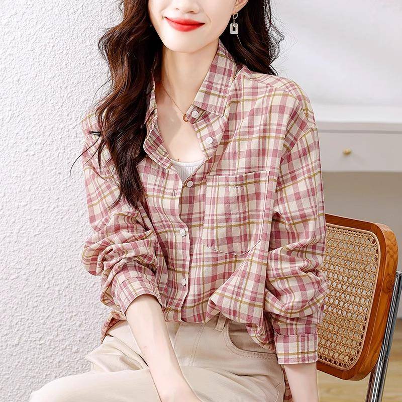 韩国薄款纯棉格子衬衫女春秋季新款衬衣时尚粉色格纹长袖上衣