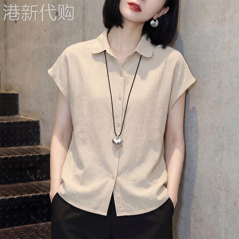 中年妈妈洋气翻领棉麻短袖衬衫女夏季新款宽松大码百搭通勤衬衣