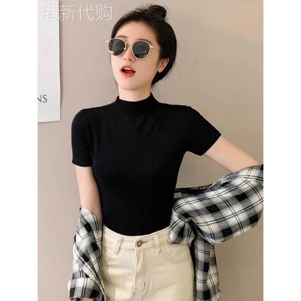 黑色冰丝短袖T恤女夏季薄款纯色简约修身显瘦半高领正肩体恤上衣