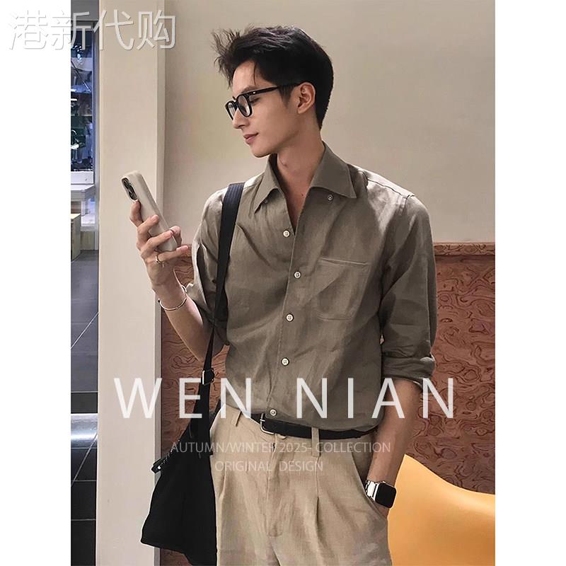 韩国WEN NIAN老钱风亚麻衬衫套装男秋季新款痞帅英伦棉麻衬衫外套