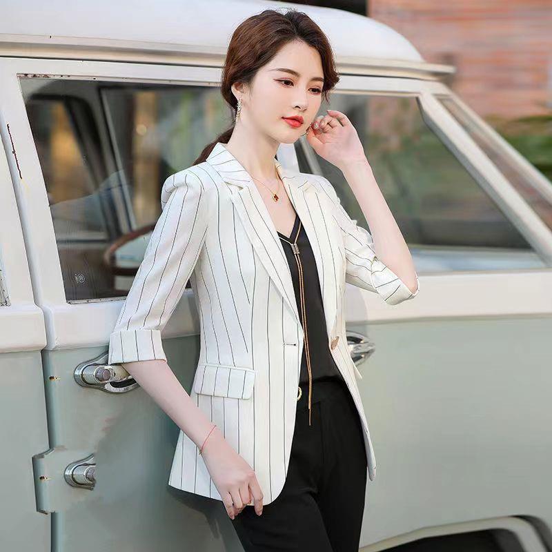 职业西服女2024新款夏薄款条纹气质时尚中袖短款西装休闲上衣外套