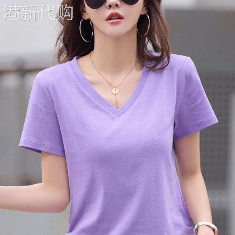 纯棉V领短袖T恤女士夏季新款洋派减龄设计感褶皱宽松显瘦正肩上衣