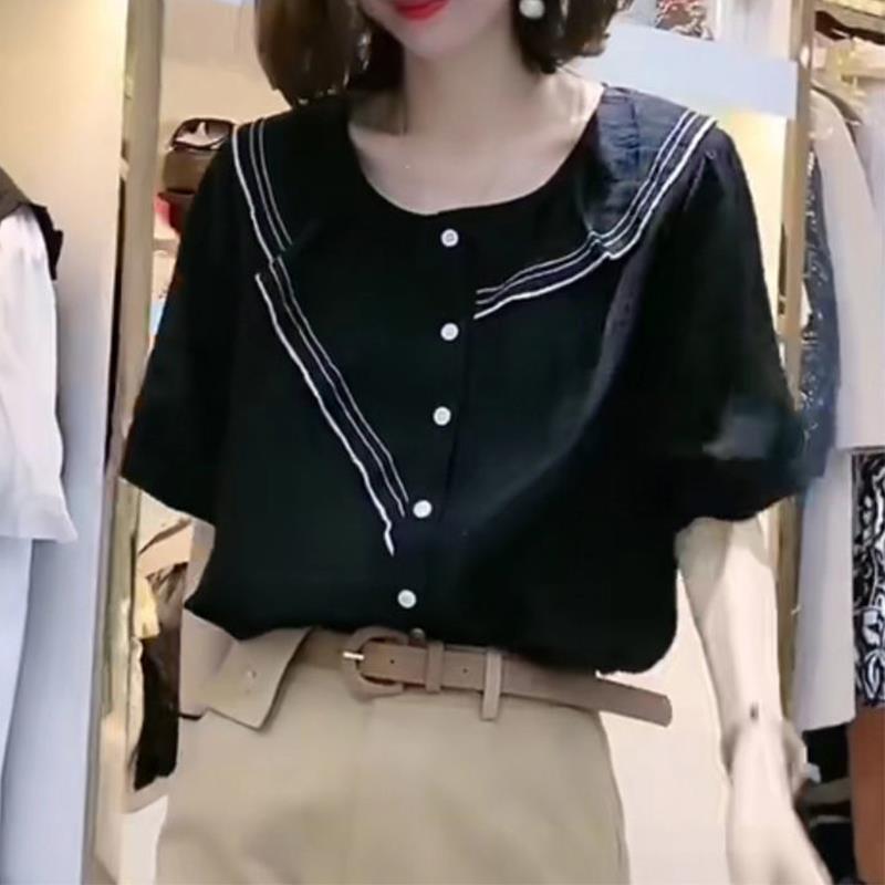 黑色雪纺衬衫女夏季短袖2025新款宽松设计感小众荷叶边气质上衣潮