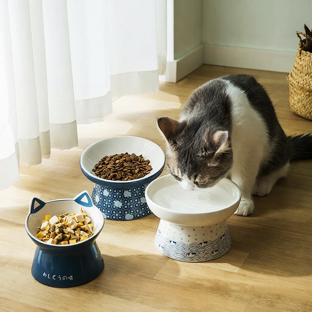 日系和风陶瓷猫碗双碗食盆狗碗猫咪喝水碗保护颈椎猫饮水宠物用品