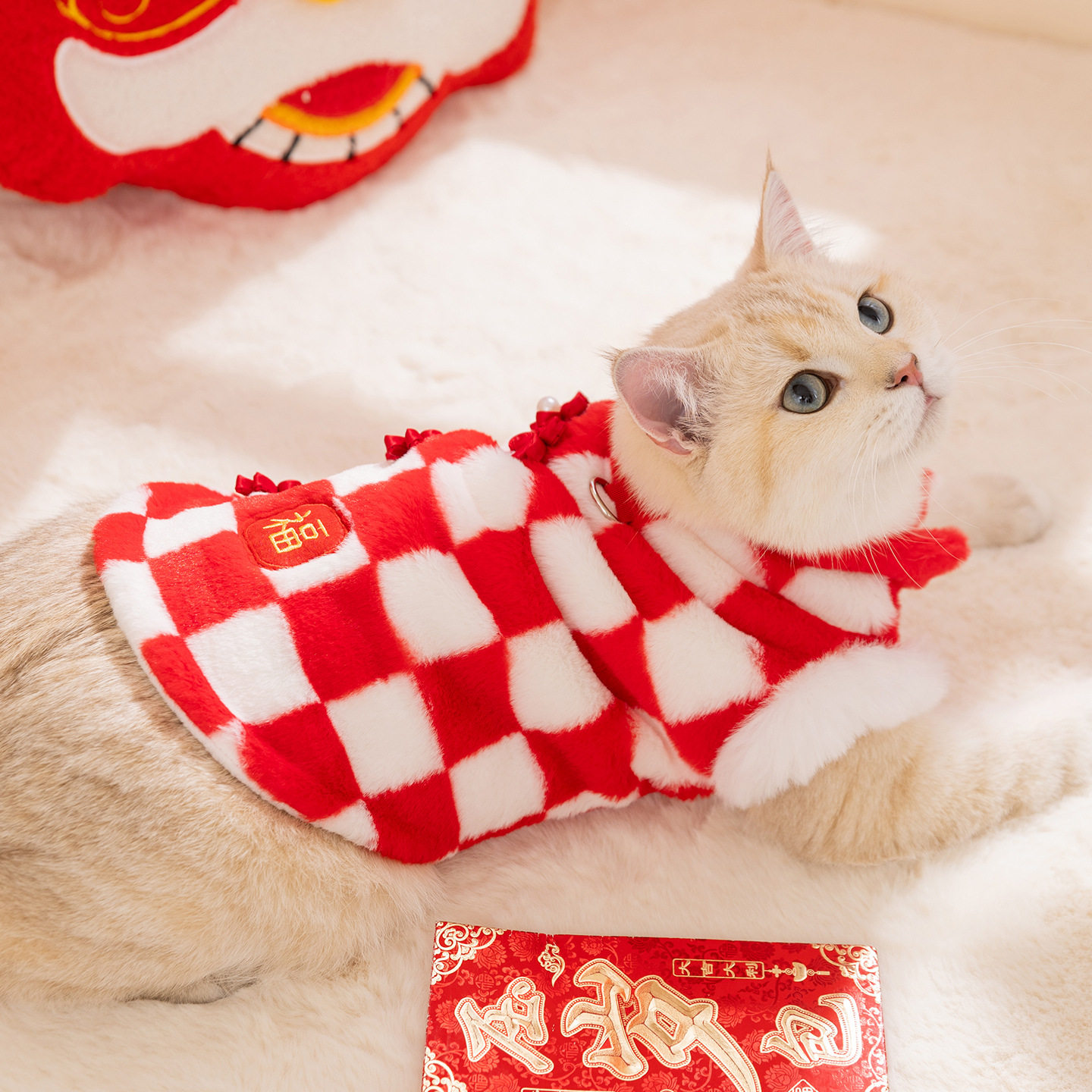 新春宠物衣服棋盘格兔毛拼接新年棉衣两脚绒衣猫秋冬保暖衣服