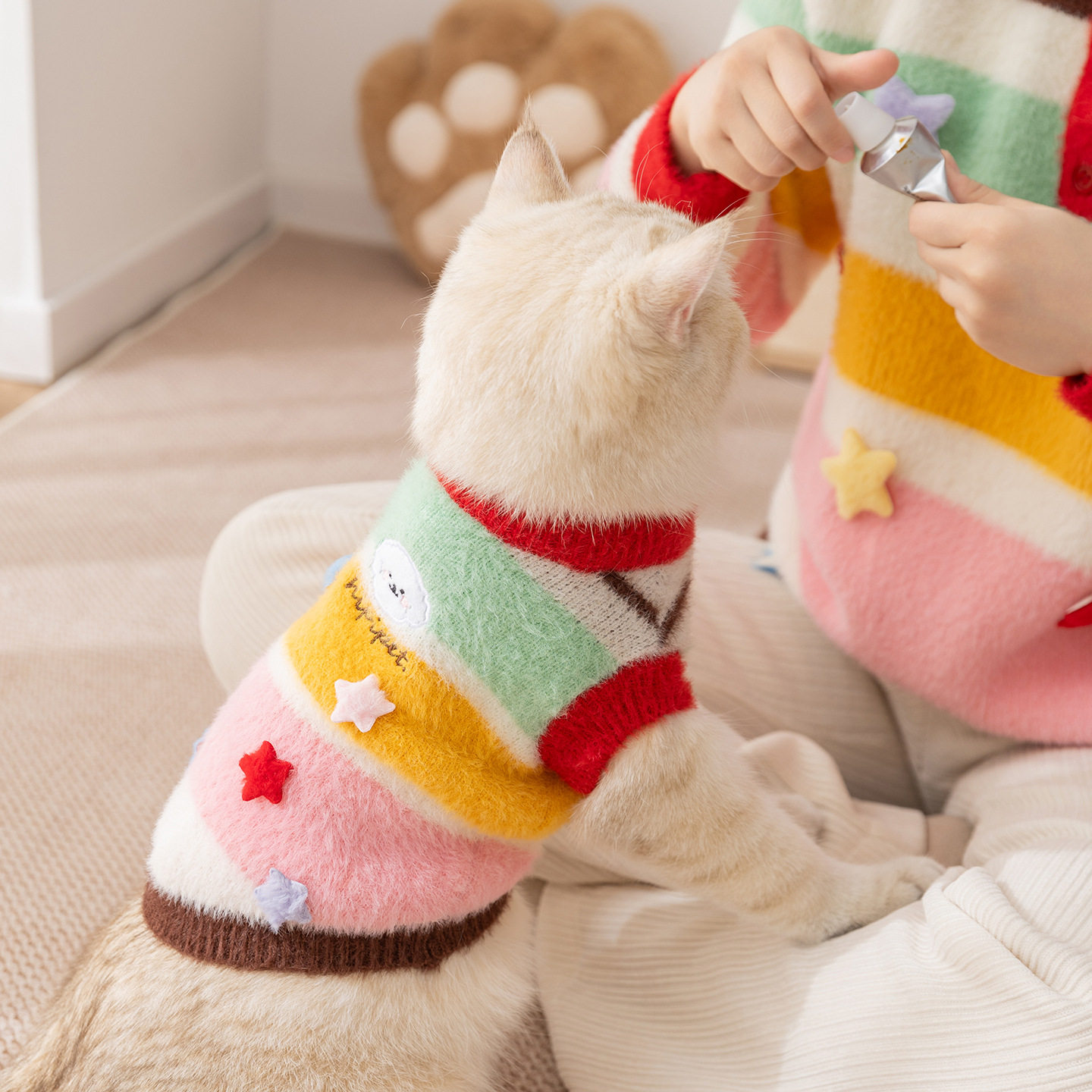 秋冬季猫咪保暖亲子装可爱星星条纹亲子毛衣小型犬狗狗宠物猫衣服