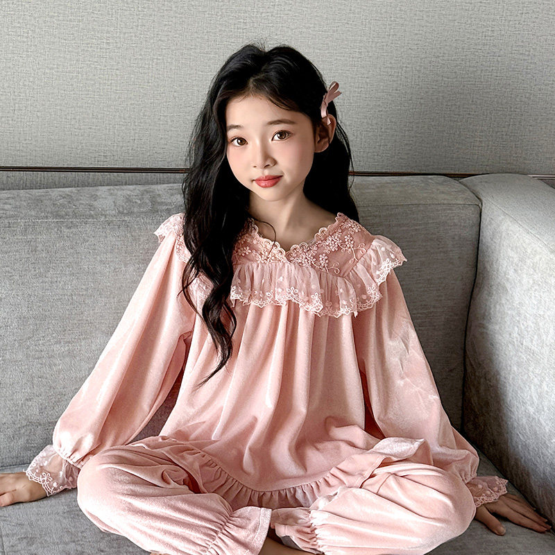 女童长袖金丝绒睡衣春秋季甜美中家居服套装
