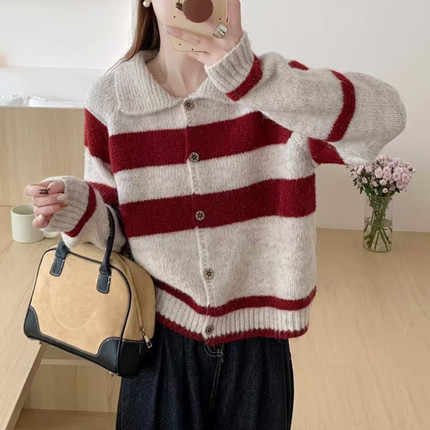 韩系慵懒风条纹毛衣外套女秋冬新款宽松显瘦针织开衫软糯短款上衣