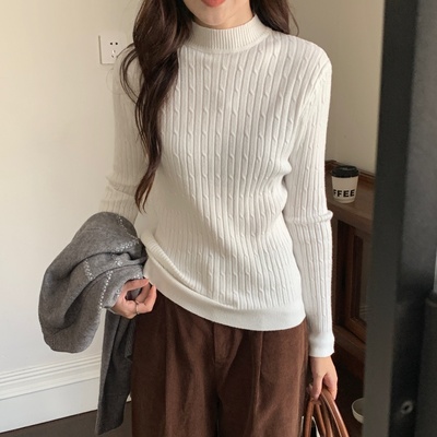 实拍  纯色打底针织麻花半高领长袖t恤女显瘦修身辣妹显身材上衣