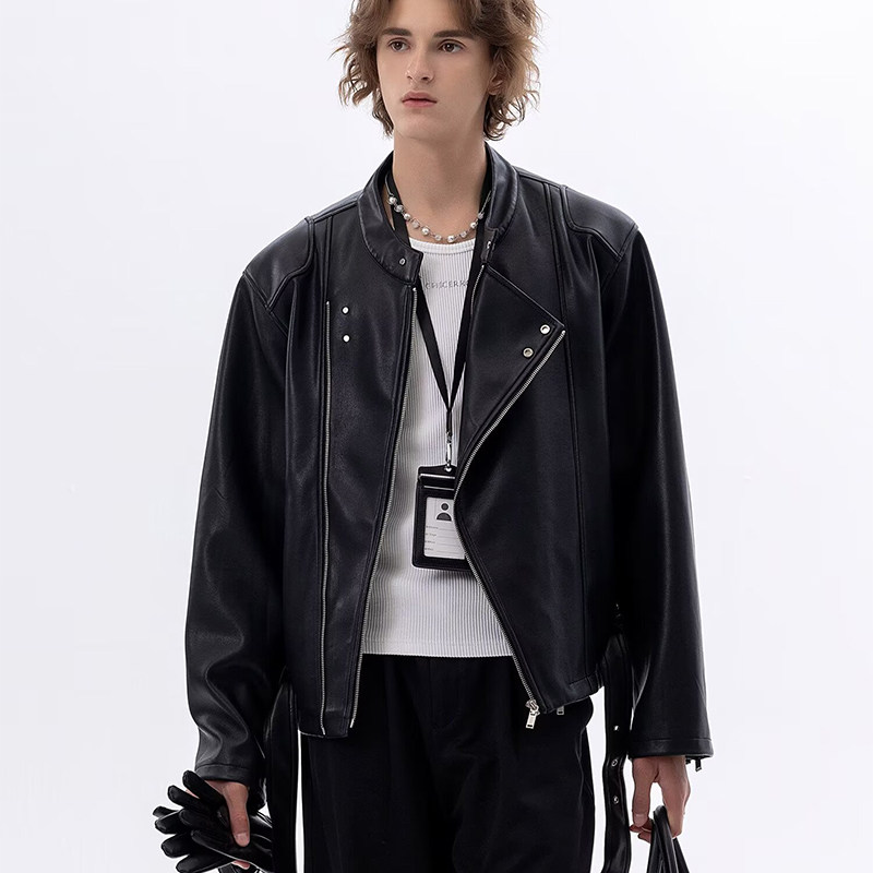 SANYI机车风立领短款皮衣男黑色拉链皮夹克外套高级感酷痞帅穿搭