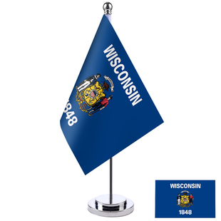 美国 Wisconsin 威斯康星州旗帜 金色银色单杆桌旗摆件桌面小旗台