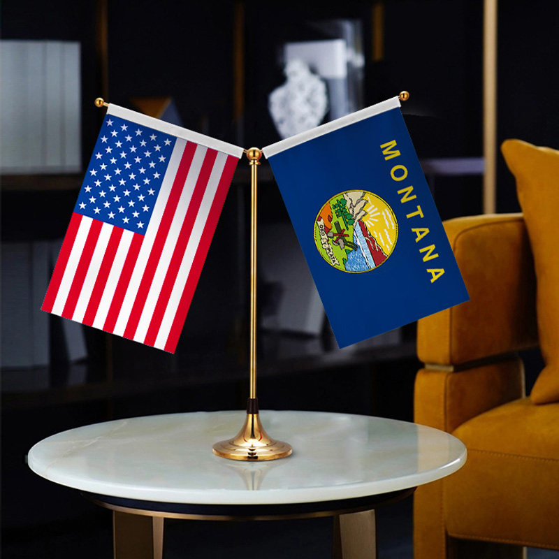 montana 蒙大纳州 美国国旗 y型双杆钛金旗架办公会议室高档桌旗
