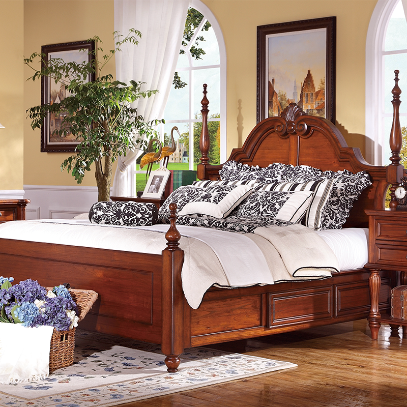 艾森凯墅经典美式红椿木奢华实木雕花四柱床1.8米大床