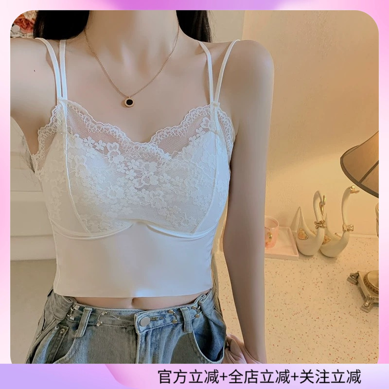 白色蕾丝美背文胸一体吊带女内搭2025夏季新款带胸垫背心短款上衣