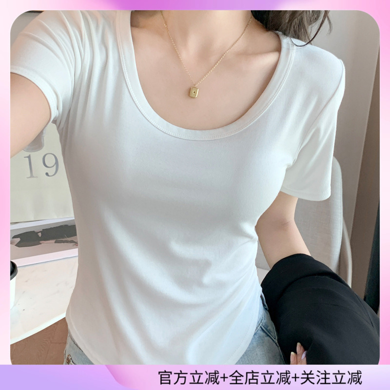 白色圆领正肩短袖t恤女新款2025夏季薄款修身高级感气质打底上衣