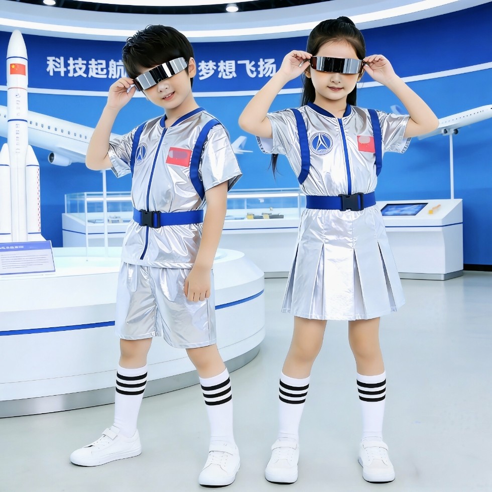 未来科技感宇航员太空服儿童演出服元宇宙科技风小学生运动会银色