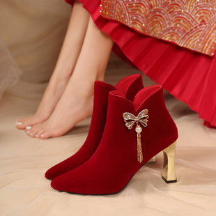 女新款 冬季 新娘鞋 女结婚新中式 高跟靴子加绒婚纱两穿婚靴 2025婚鞋