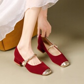 女红色高跟鞋 新款 低跟 新娘鞋 禾秀婚纱两穿单鞋 法式 绝美玛丽珍婚鞋