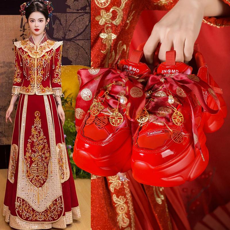 婚鞋配秀禾服神器松糕鞋增高红色