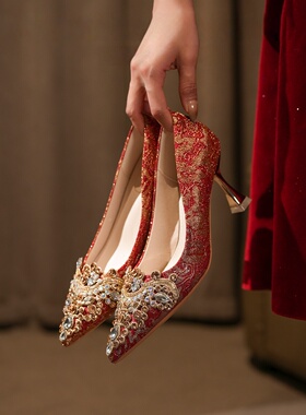 红色订婚高跟鞋女2026新款细跟不累脚中式秀禾服敬酒两穿新娘鞋子