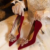 女秀禾婚纱两穿敬酒不累脚婚宴细高跟新娘鞋 水晶钻花新款 结婚鞋