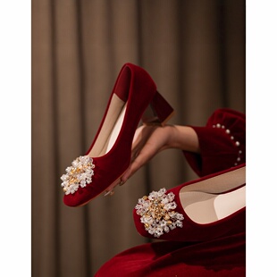 新娘鞋 方头单鞋 女2025新款 结婚敬酒服粗跟红色高跟鞋 中式 秀禾婚鞋