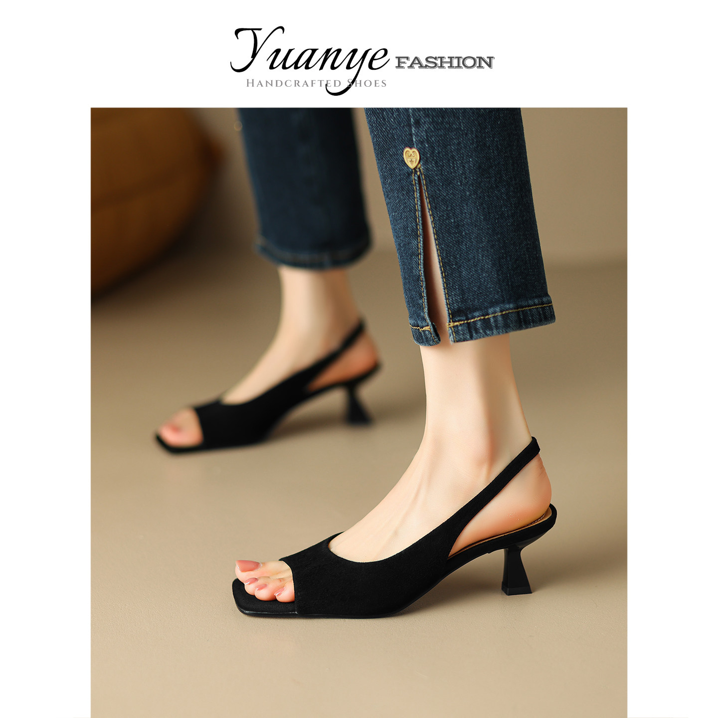 原野一脚蹬简约高跟露趾鱼嘴日常百搭浅口凉鞋子女2025年夏季新款