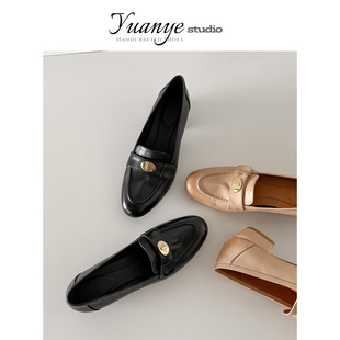 原野Yuanye●月季！懒人一脚蹬乐福鞋女复古金扣小皮鞋中粗跟单鞋