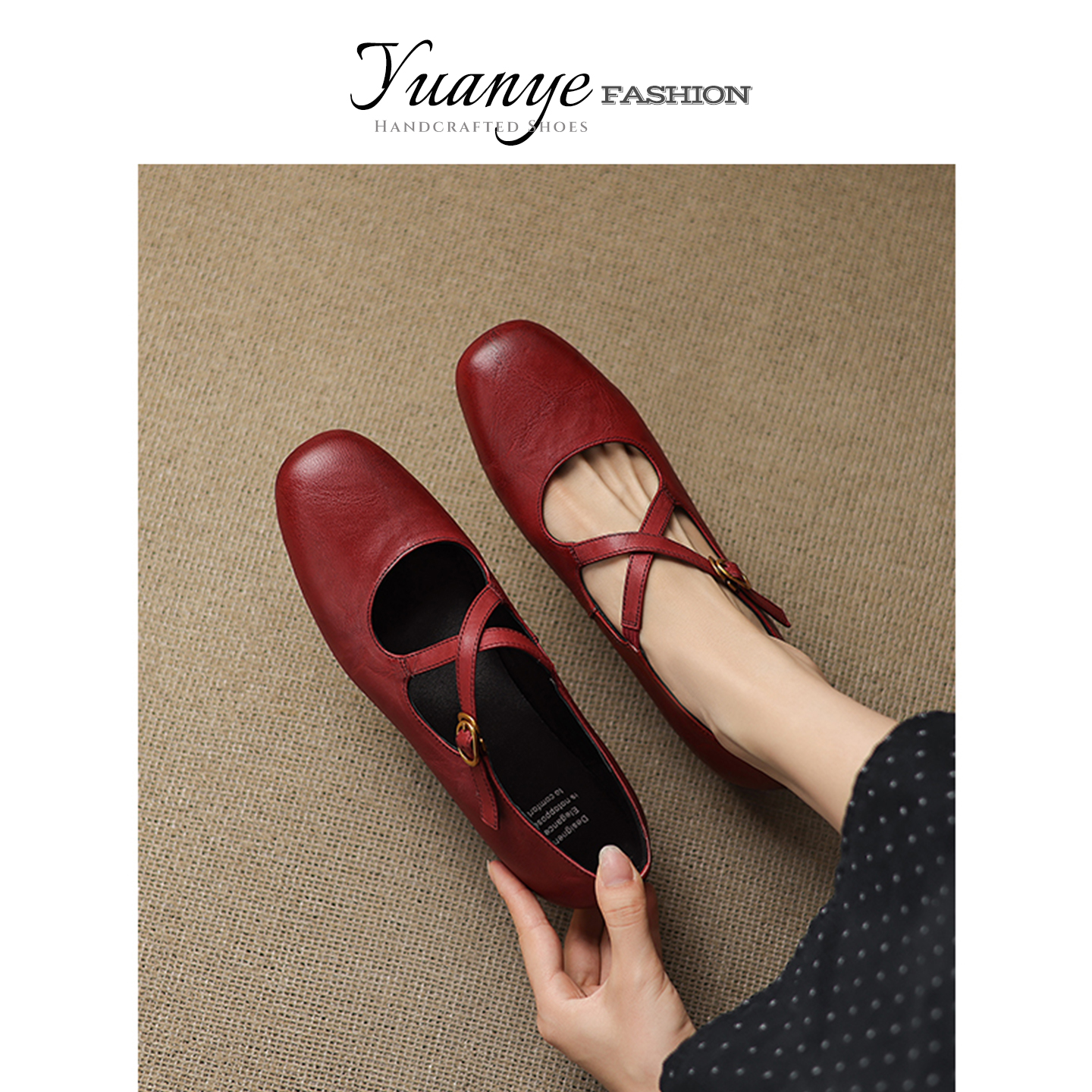 原野Yuanye●真皮圆头交叉扣带玛丽珍鞋春秋款红色内增高浅口单鞋