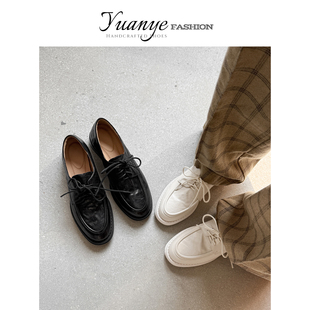 粗跟深口单鞋 原野Yuanye 春秋新款 真皮圆头系带小皮鞋 街头诗人