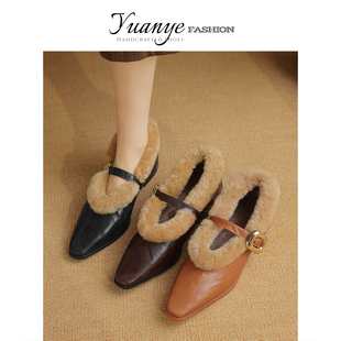 原野低跟复古风小皮鞋一字带设计感加绒单鞋子女2025今年秋冬新款