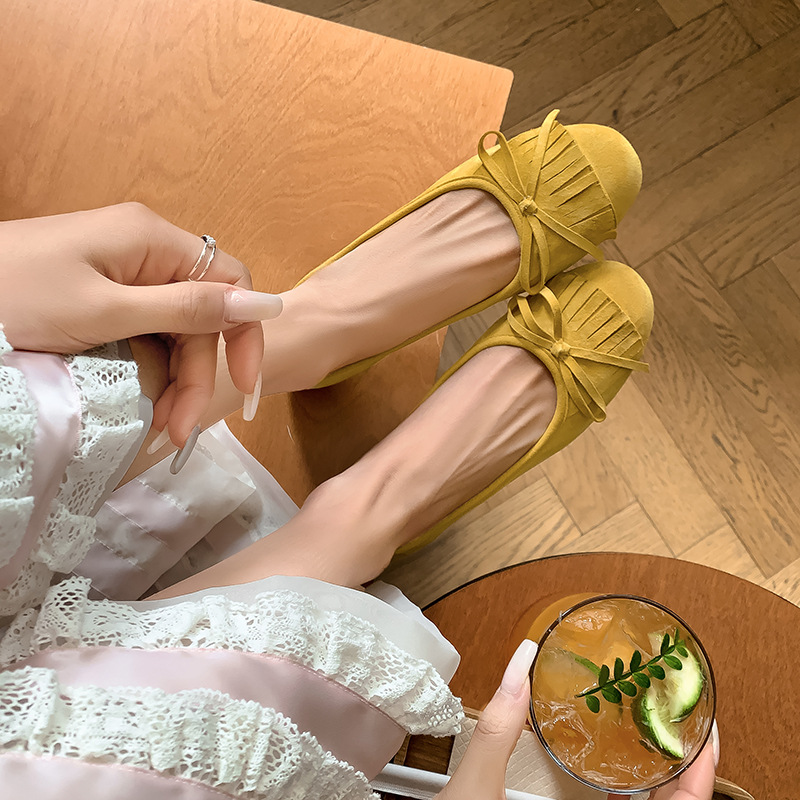 超软糖果色流苏羊反绒面2025圆头平底蝴蝶结真皮软底单鞋女42大码