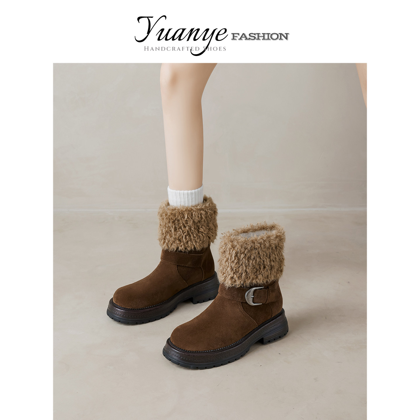 原野Yuanye●雪地羔羊！长高4.5cm~厚底雪地靴女加绒保暖翻边短靴