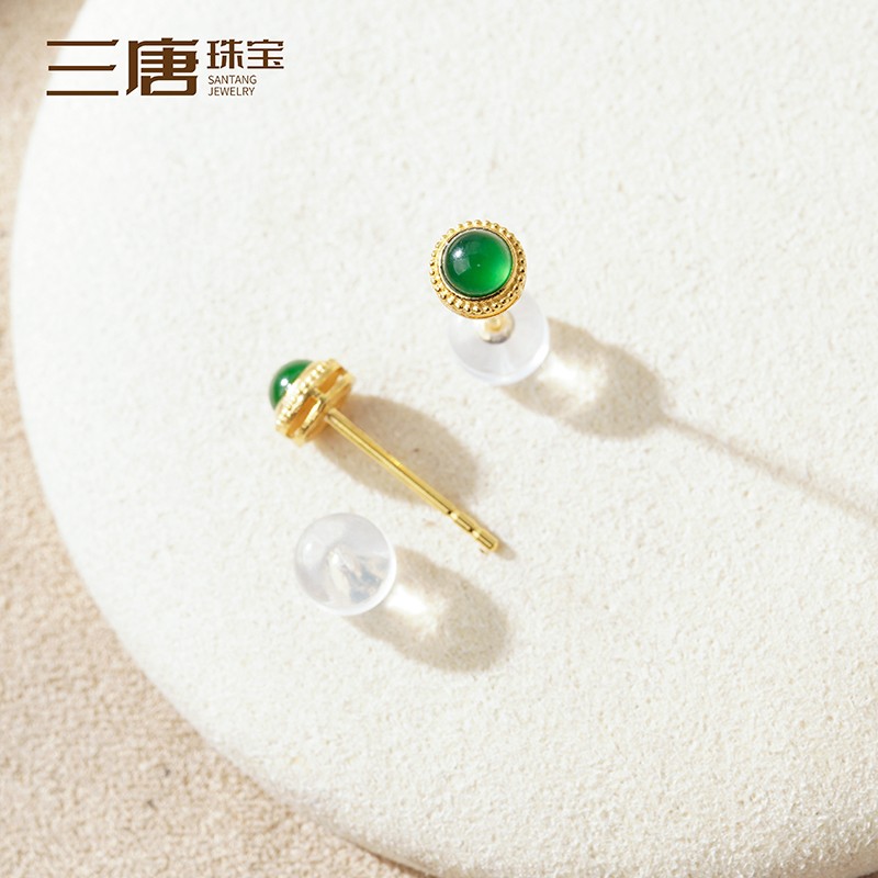 18k金镶翡翠小耳钉小灯泡辣绿黄金耳环耳钩耳饰耳勾耳挂耳坠耳夹